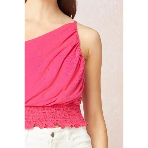Entro One Shoulder Crop Top, Fuchsia - Picture 4 of 6